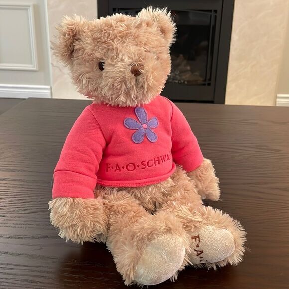 FAO Schwartz Bear Plush Brown Teddy Stuffed Animal Lovey Toy Pink Shirt Toy 16” - Picture 1 of 8